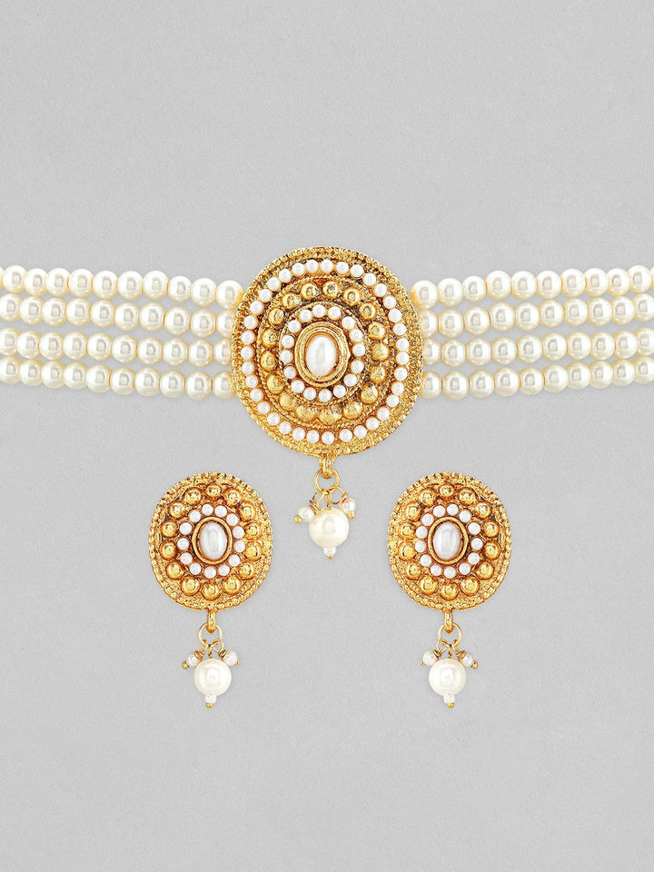 Rubans Gold-Plated White Stone Studded  Beaded Jewellery Set Necklace Set