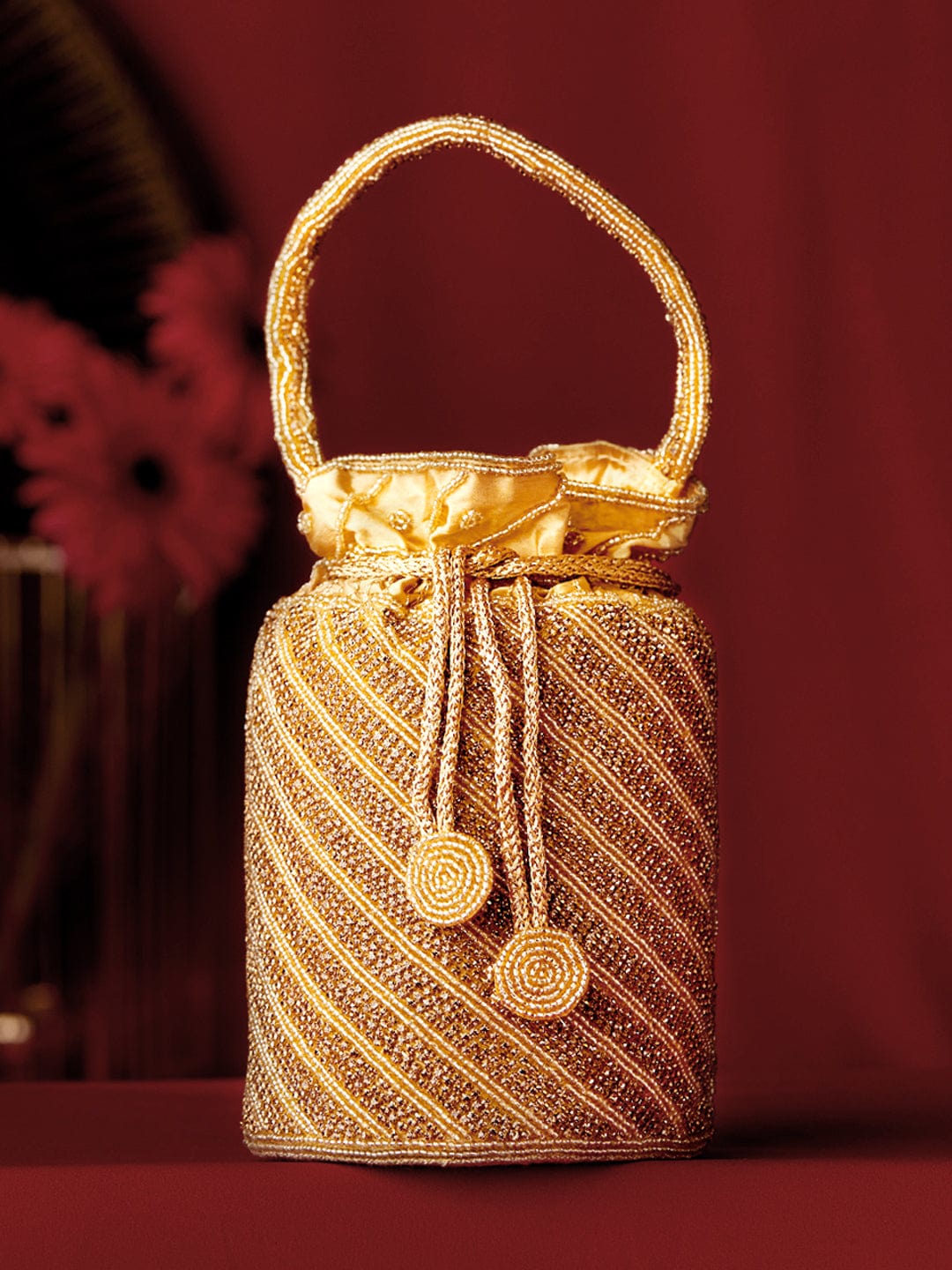 Shop Rubans Cream Coloured Velvet Potli Bag With Pearls And Golden Beads Online at Rubans