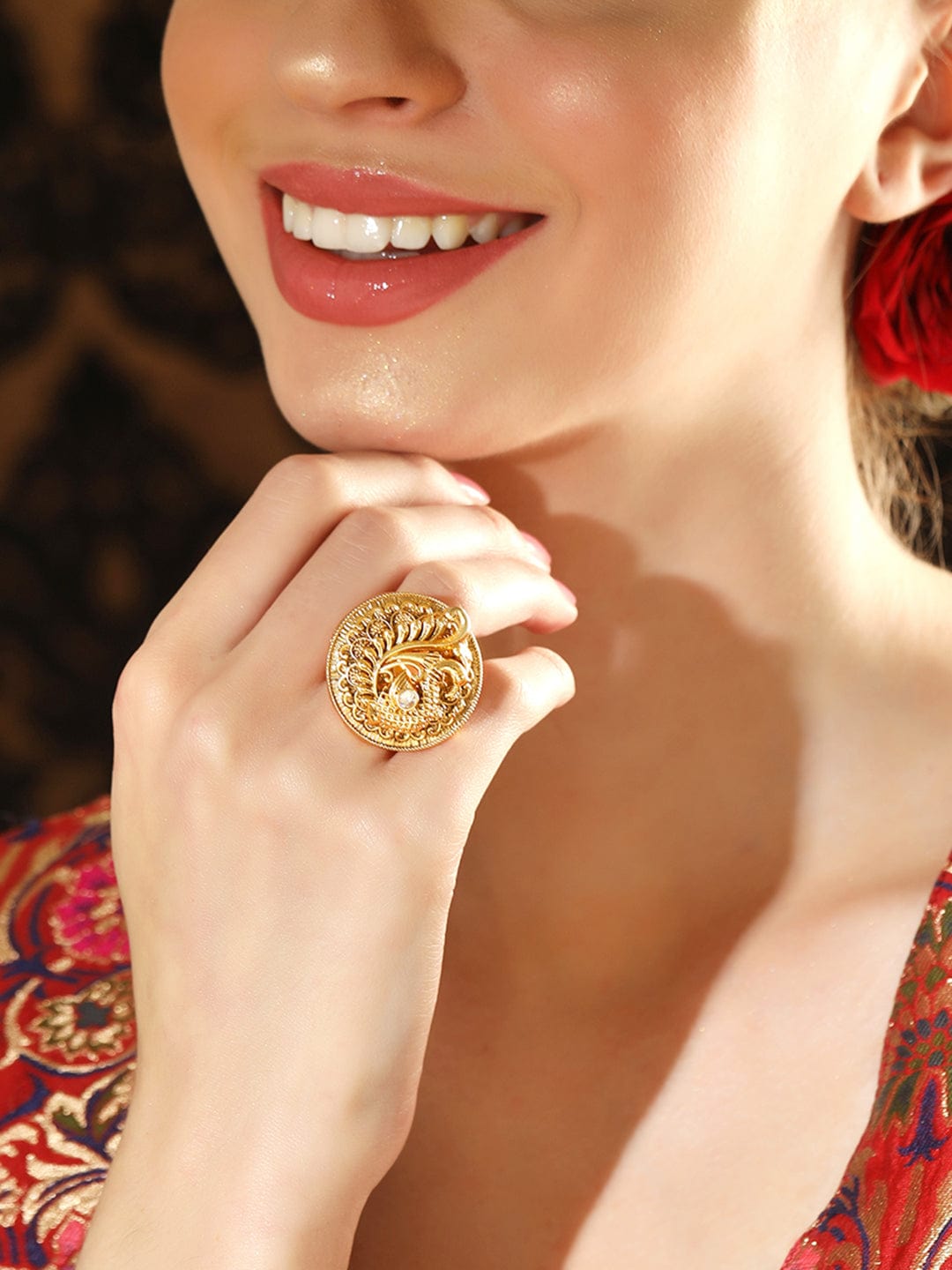 Rubans Luxury 22K Pure Gold Plated Finely Detailed Peacock Statememt Ring. Rings