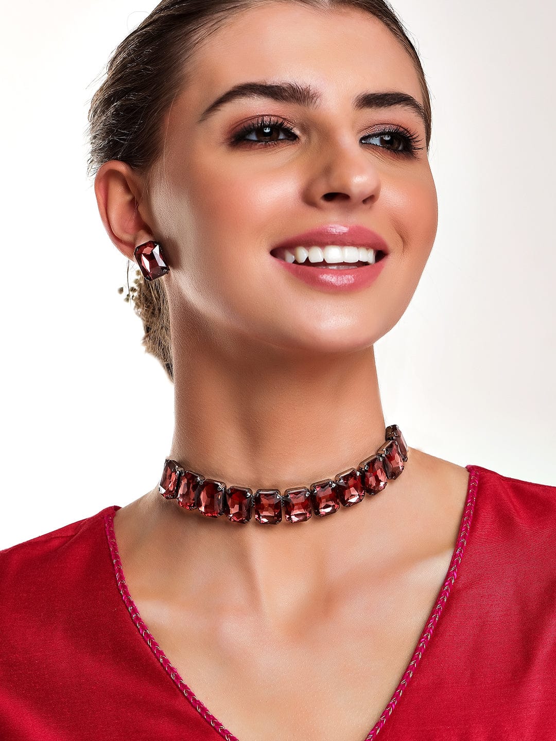 Rubans Black Maroon Stone Studded Jewellery Set