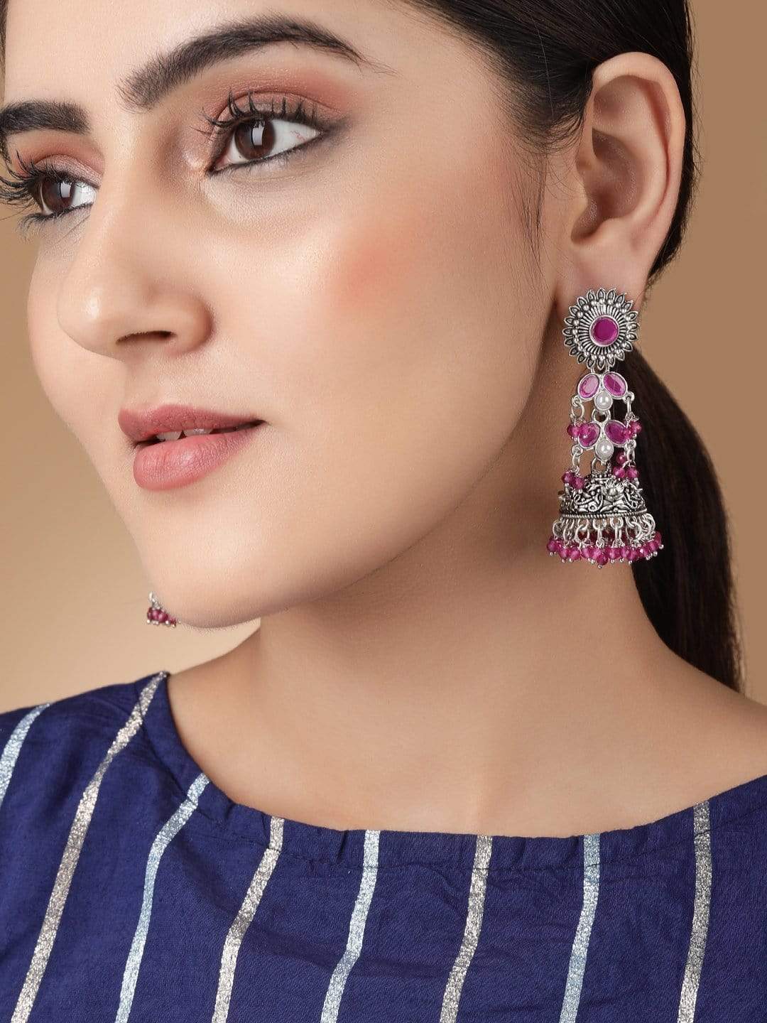 Rubans Oxidised Regal Pink Beads Jhumkas Earrings