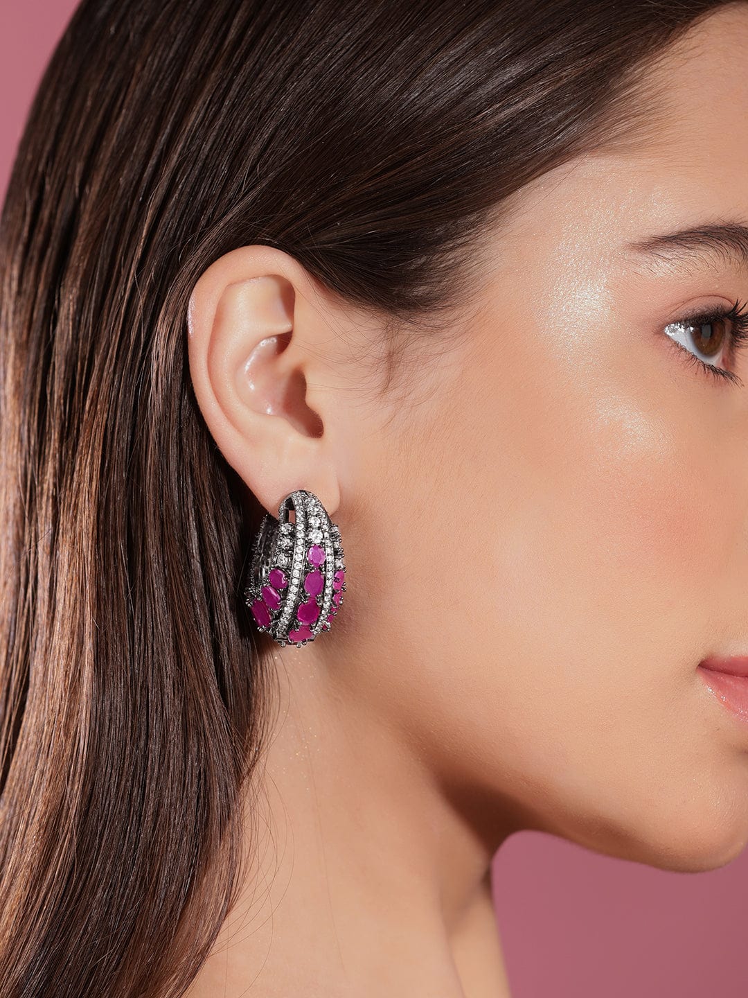 Rubans Rhodium Plated Premium Pink Zircons Studded Party Wear Statement Hoop Earrings Earrings