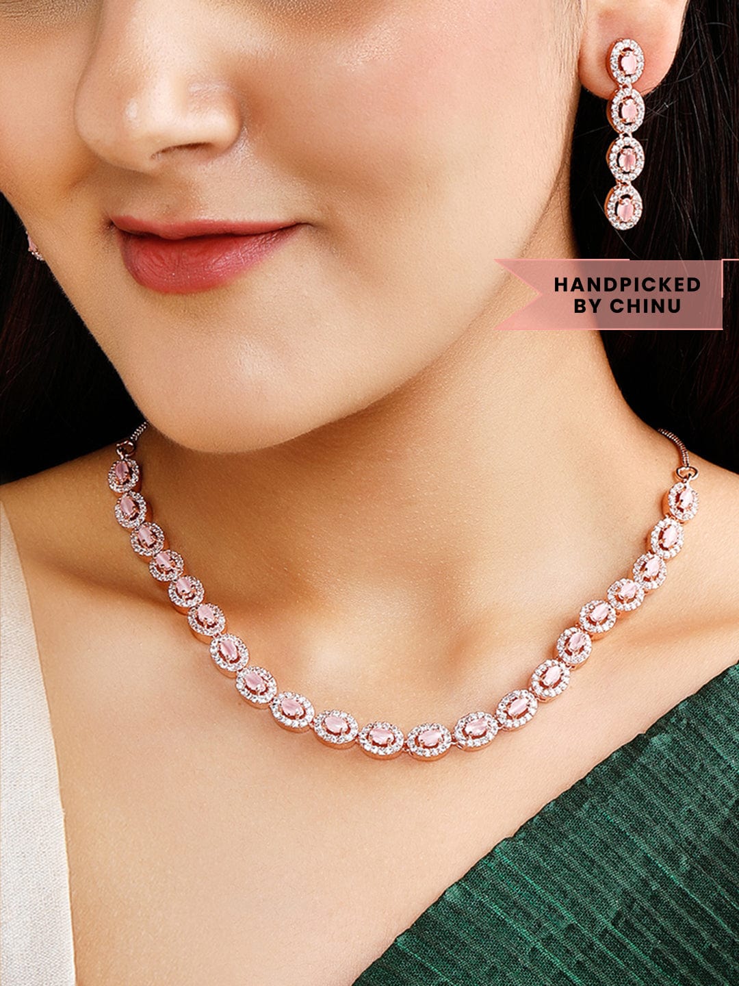 Rubans Rose Gold Plated Pink & Zirconia Stone Studded Handcrafted Necklace Set. Necklace Set