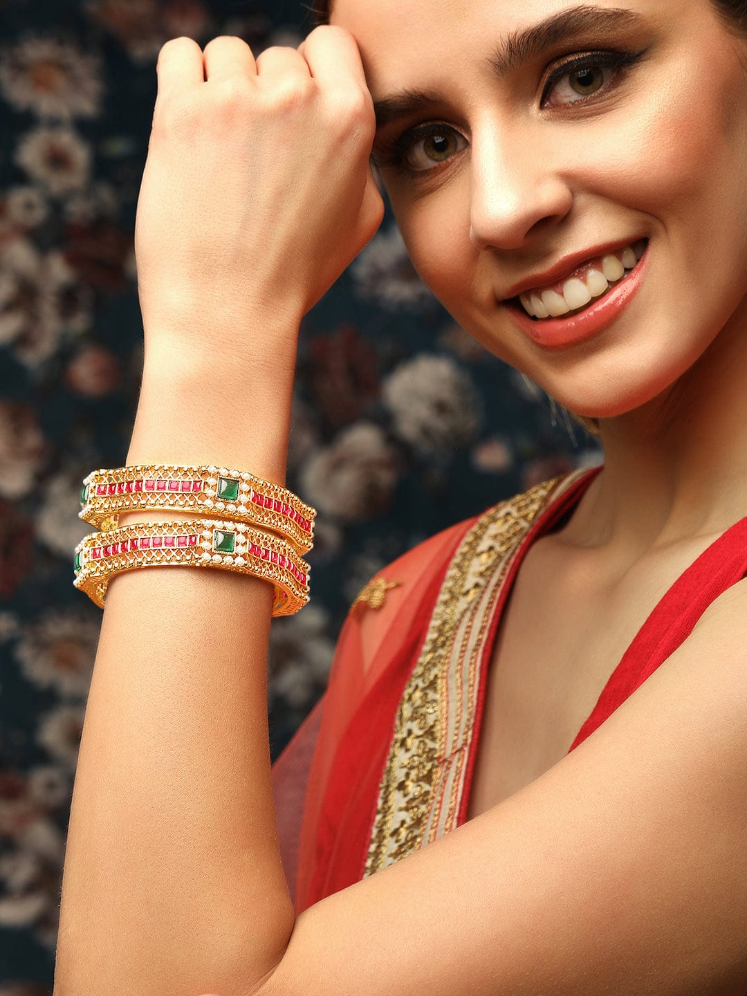 Shop Rubans Set Of 2 18k Gold-Plated Ruby Stone Studded Beaded Bangles  Online at Rubans