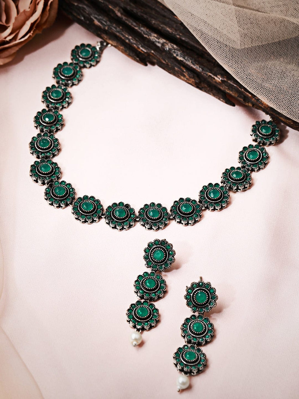 Rubans Silver Plated Handcrafted Oxidised Green Stone Necklace Set Necklace Set