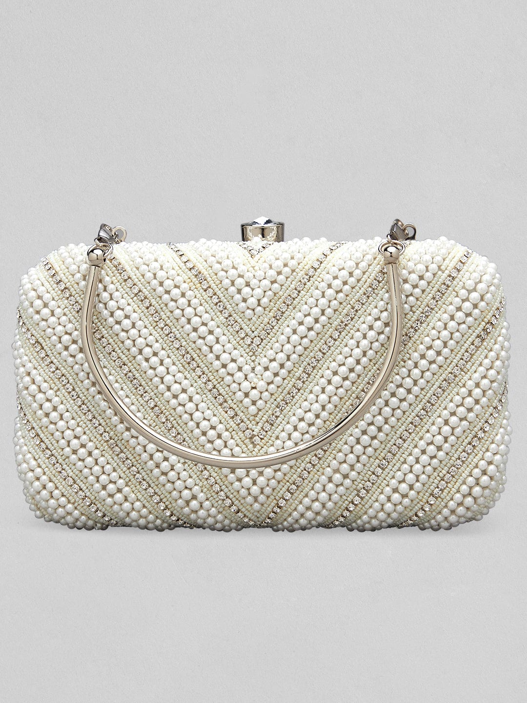 Rubans White And Cream Colour Box Clutch Sling Bag With Pearls And Embroided Design. Handbag & Wallet Accessories