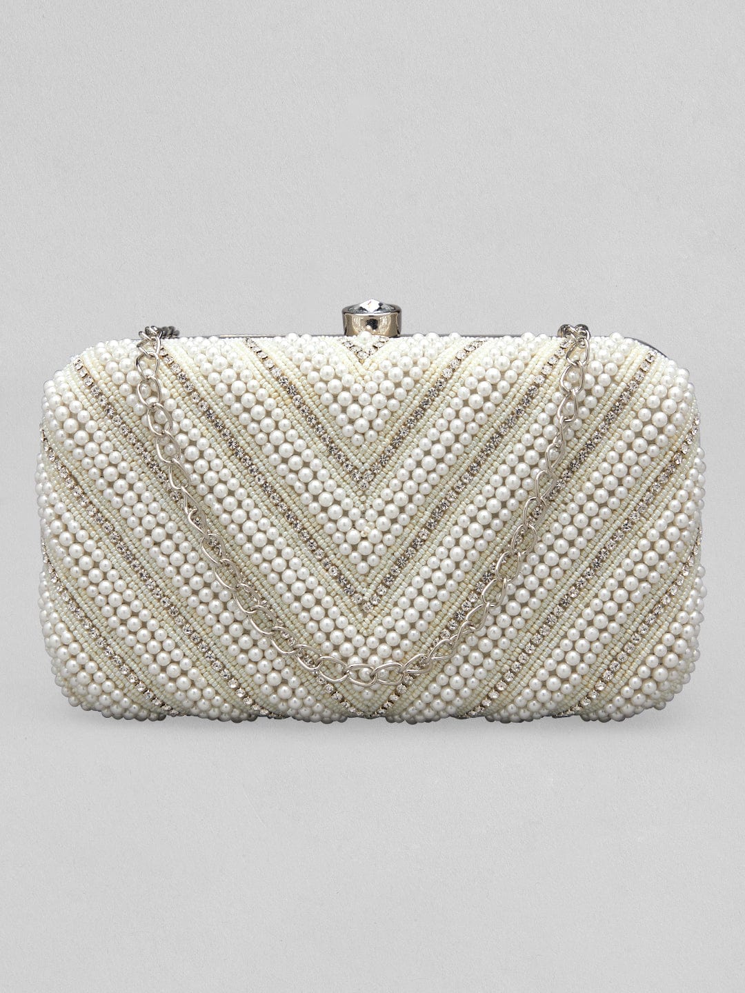 Rubans White And Cream Colour Box Clutch Sling Bag With Pearls And Embroided Design. Handbag & Wallet Accessories