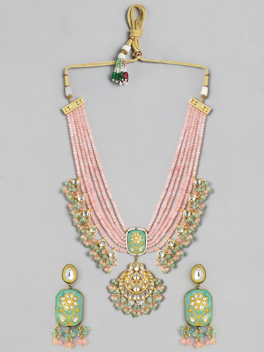 Rubans Gold Plated Handcrafted Enamel & Kundan Pink Beads Necklace Set