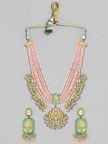 Rubans Gold Plated Handcrafted Enamel & Kundan Pink Beads Necklace Set