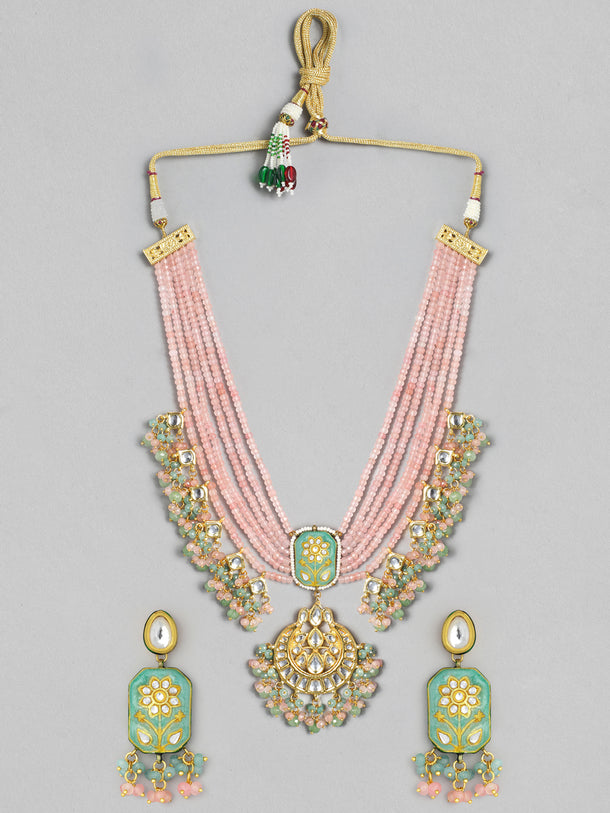 Rubans Gold Plated Handcrafted Enamel & Kundan Pink Beads Necklace Set