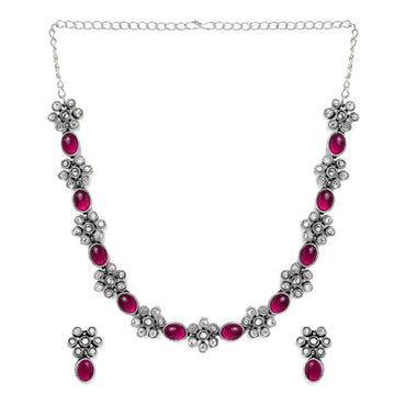 Rubans Oxidised Silver Plated Handcrafted Ruby Stone Necklace Set