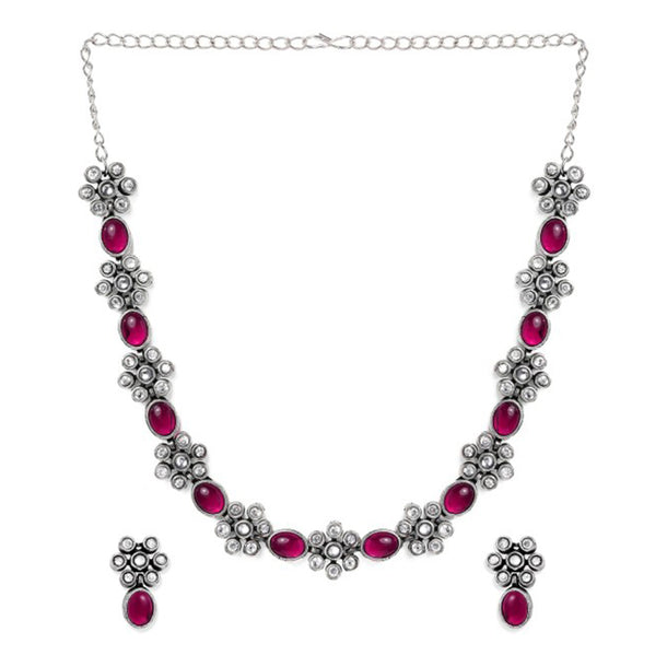 Rubans Oxidised Silver Plated Handcrafted Ruby Stone Necklace Set