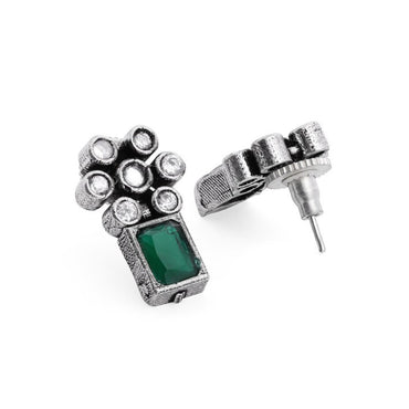 Rubans Oxidised Silver Plated Handcrafted Green Stone Floral Necklace Set