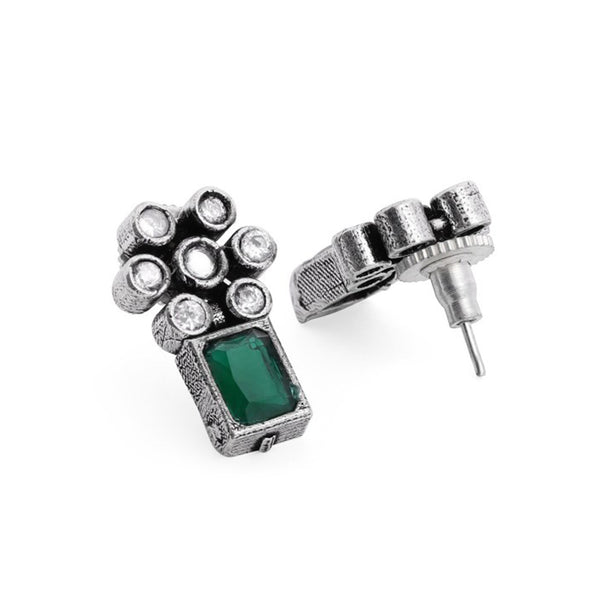 Rubans Oxidised Silver Plated Handcrafted Green Stone Floral Necklace Set