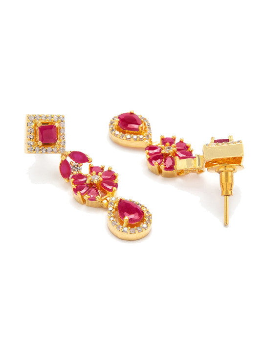 Rubans 22K Gold-Plated Ruby Pink & White Cubic Zirconia Studded Floral Drop Necklace Set