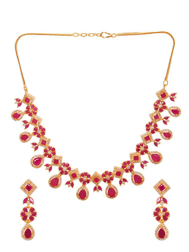 Rubans 22K Gold-Plated Ruby Pink & White Cubic Zirconia Studded Floral Drop Necklace Set