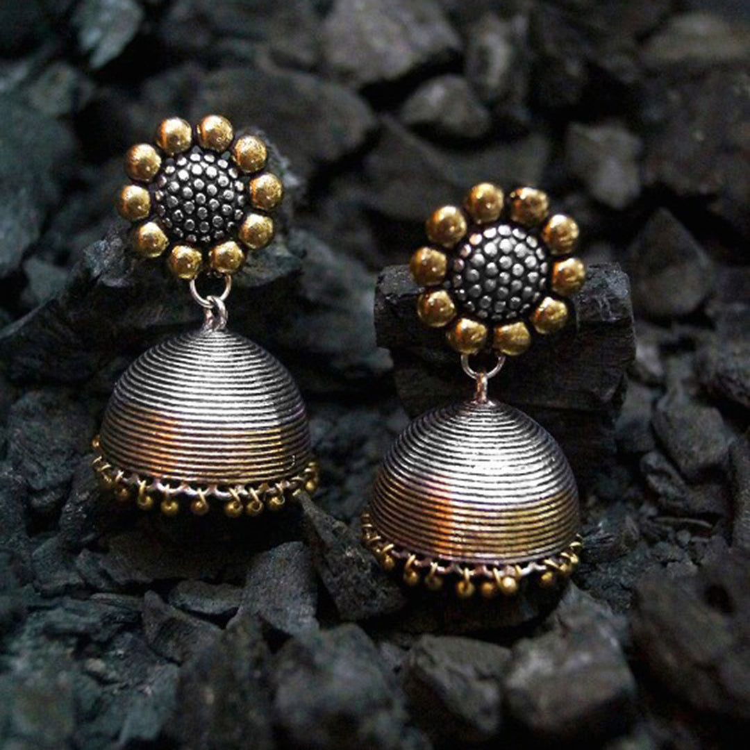 Rubans Oxidised Silver & Antique Gold-Toned Dome-Shaped Jhumkas