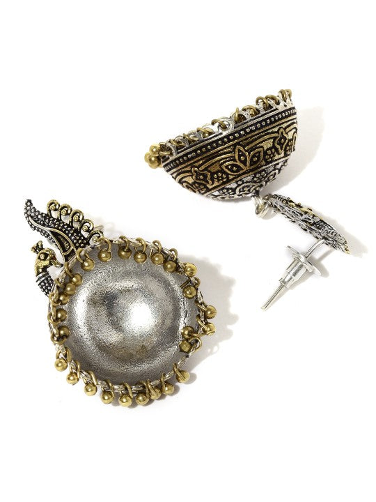Rubans Oxidized Dual Tone Peacock Stud Metal Jhumki Earring