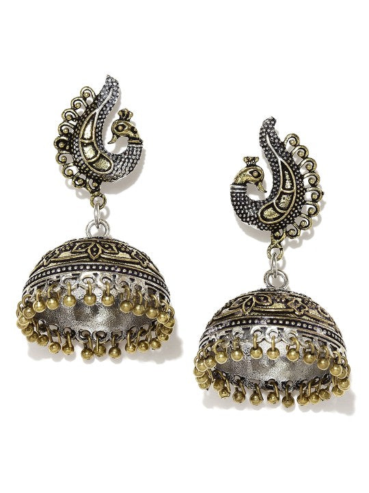 Rubans Oxidized Dual Tone Peacock Stud Metal Jhumki Earring