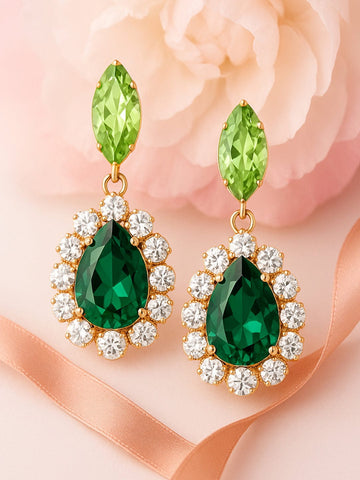 18K Gold Plated Crystal Dark Green & Light Green Zirconia Studded Earrings with Clear Accents Drop Earring