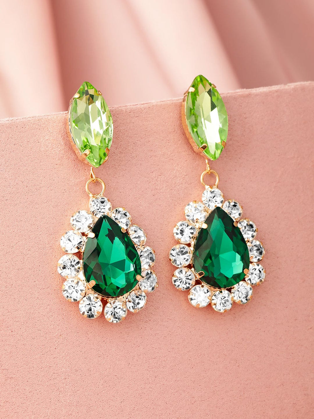 18K Gold Plated Crystal Dark Green & Light Green Zirconia Studded Earrings with Clear Accents Earrings