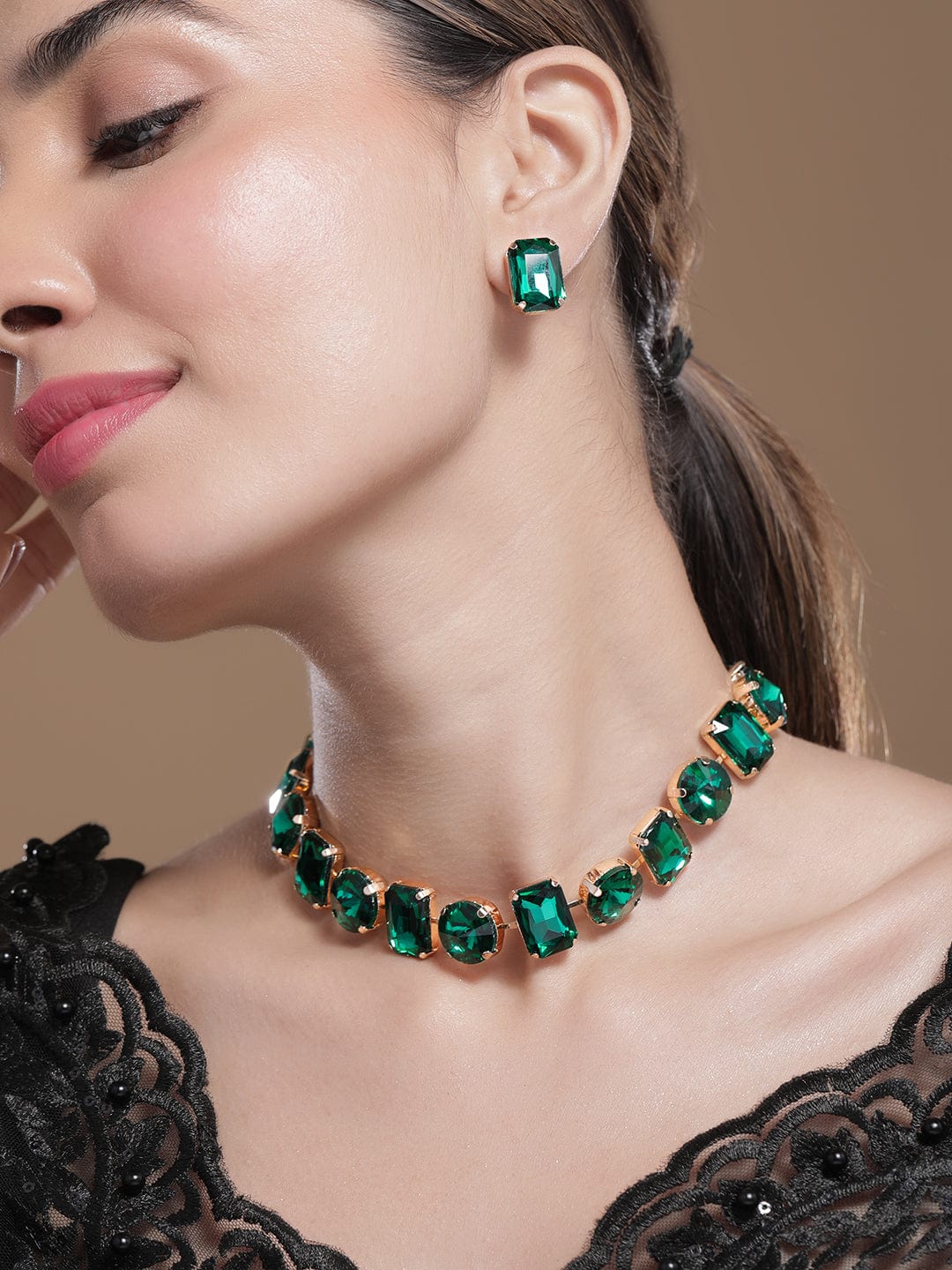 18K Gold Plated Crystal Emerald Studded Statement Necklace Set Necklace Set