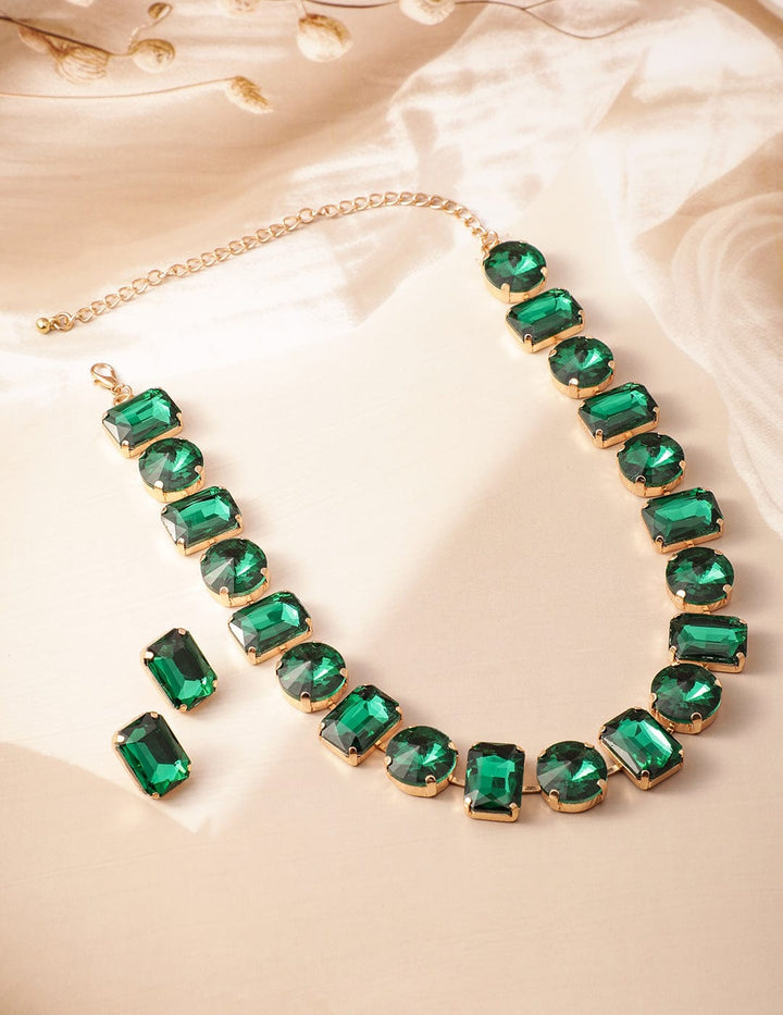 18K Gold Plated Crystal Emerald Studded Statement Necklace Set Necklace Set