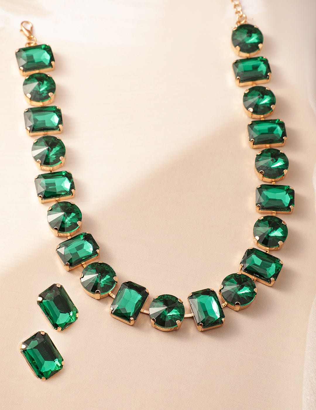 18K Gold Plated Crystal Emerald Studded Statement Necklace Set Necklace Set