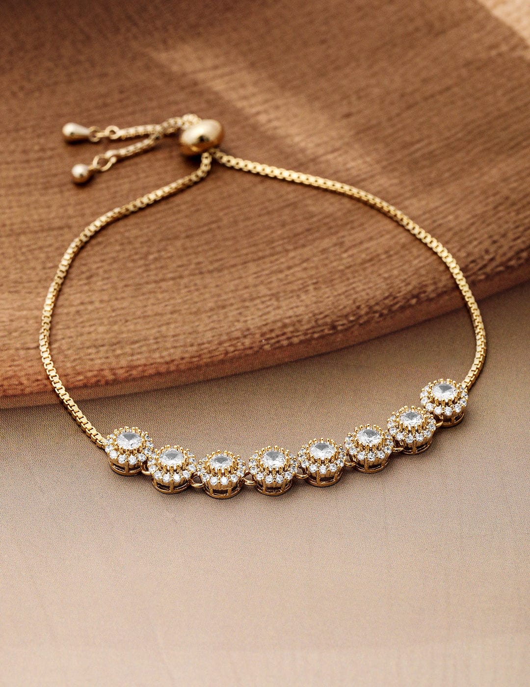 18K Gold Plated Cubic Zirconia Studded Bracelet with Round Charm Accents Bracelet