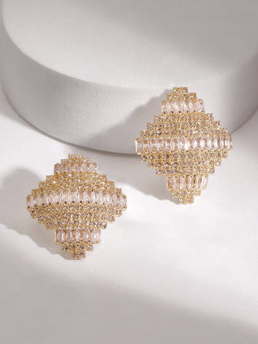 18K Gold Plated Cubic Zirconia Studded Oversized Statement Stud Earrings Earrings