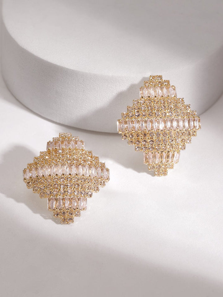 18K Gold Plated Cubic Zirconia Studded Oversized Statement Stud Earrings Earrings