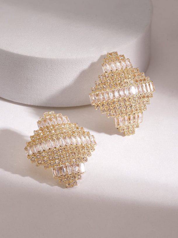 18K Gold Plated Cubic Zirconia Studded Oversized Statement Stud Earrings Earrings