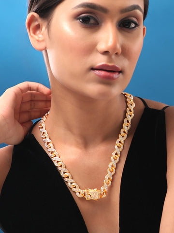 18K Gold-Plated Cubic Zirconia Studded Statement Chunky Chain Necklace Chain & Necklace