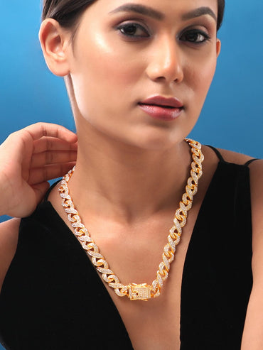 18K Gold-Plated Cubic Zirconia Studded Statement Chunky Chain Necklace Necklace & Chains