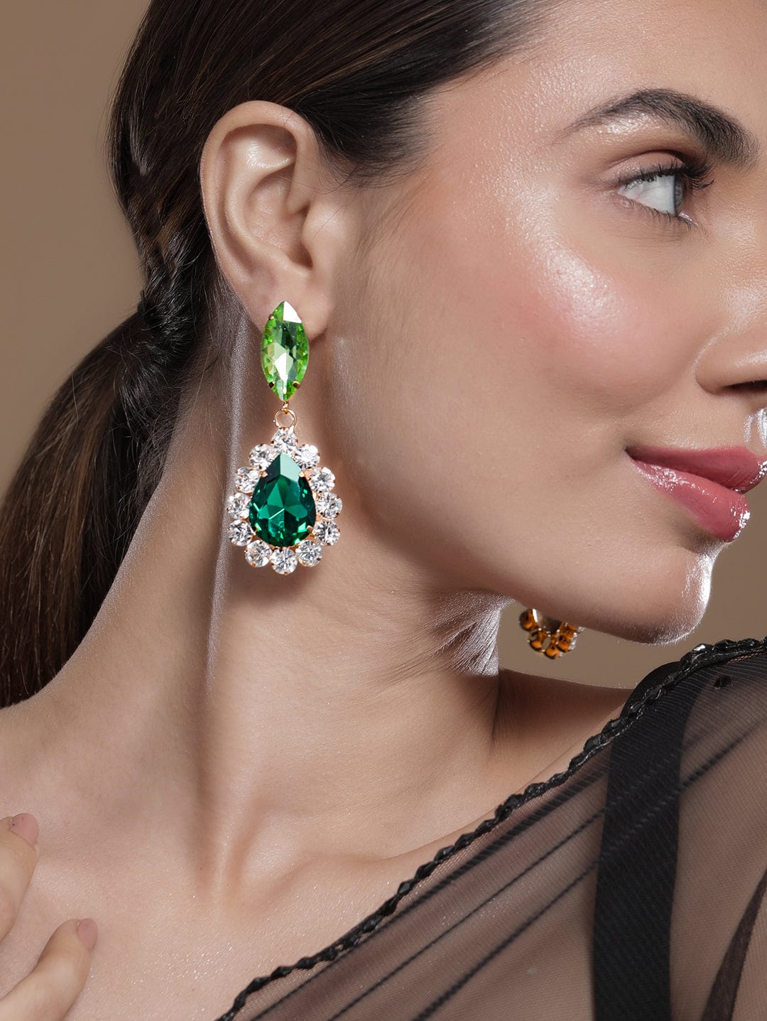 18K Gold Plated Dark Green & Light Green Zirconia Studded Earrings with Clear Accents Drop Earring