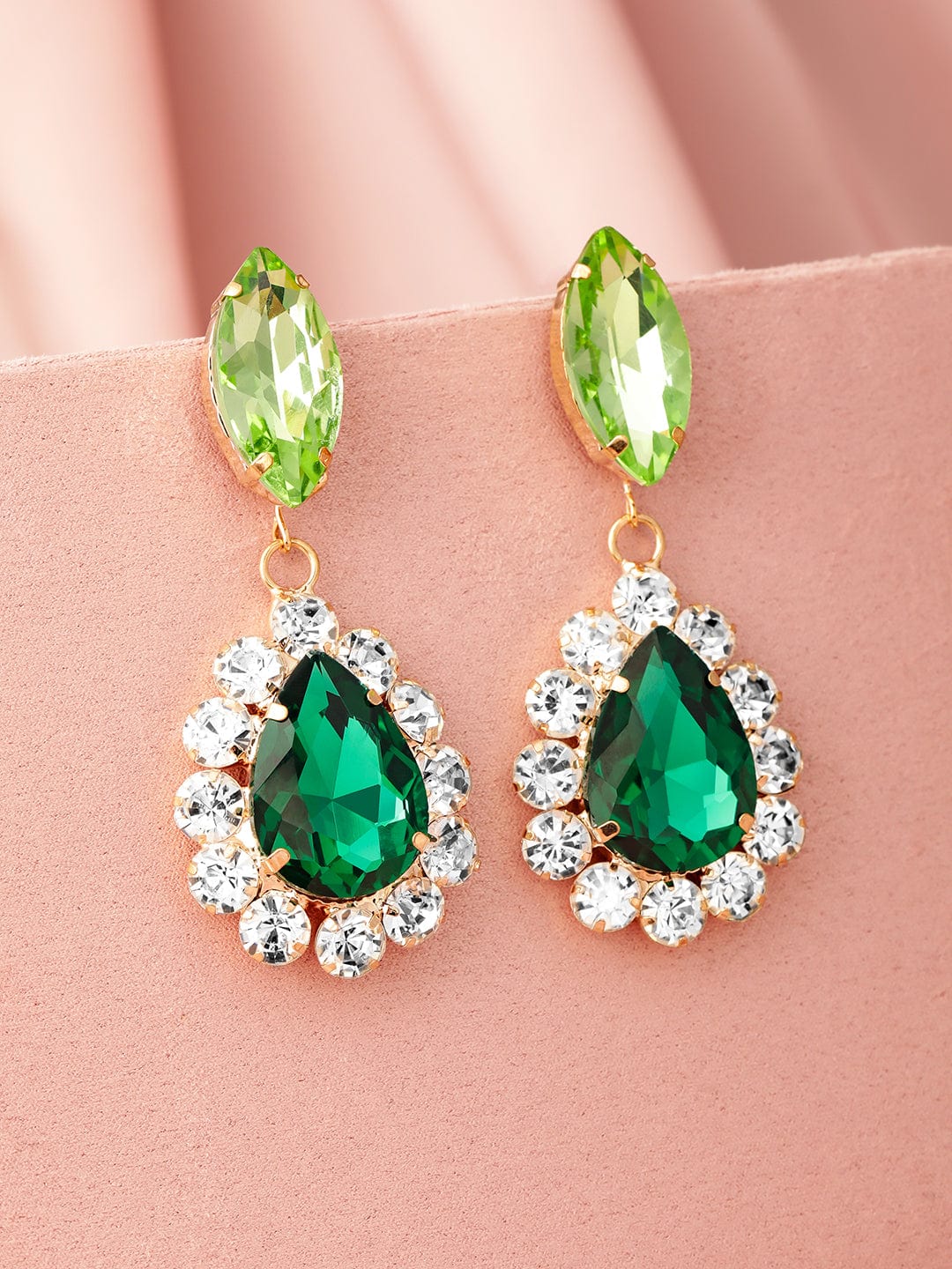 18K Gold Plated Dark Green & Light Green Zirconia Studded Earrings with Clear Accents Drop Earring