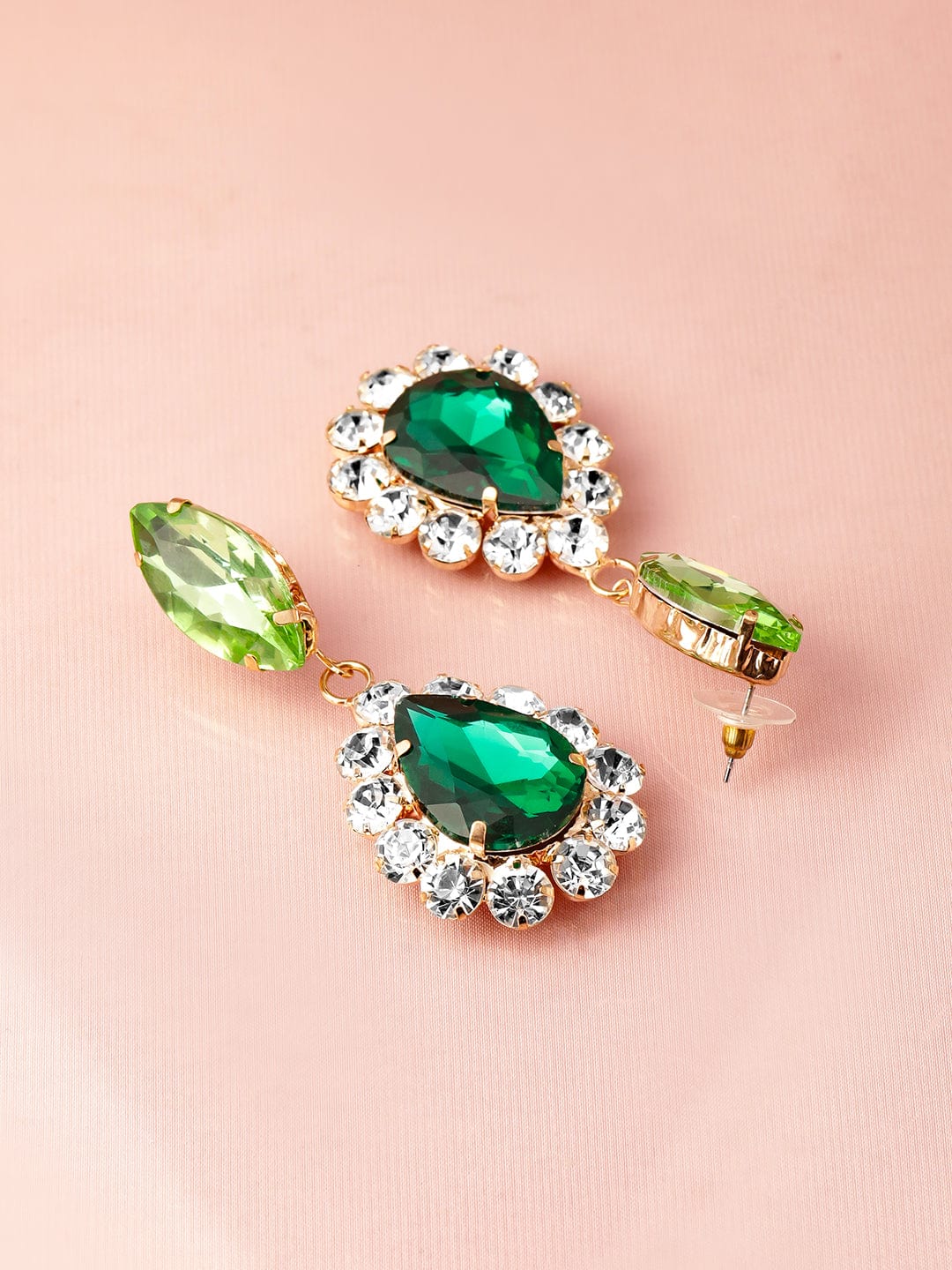 18K Gold Plated Dark Green & Light Green Zirconia Studded Earrings with Clear Accents Drop Earring