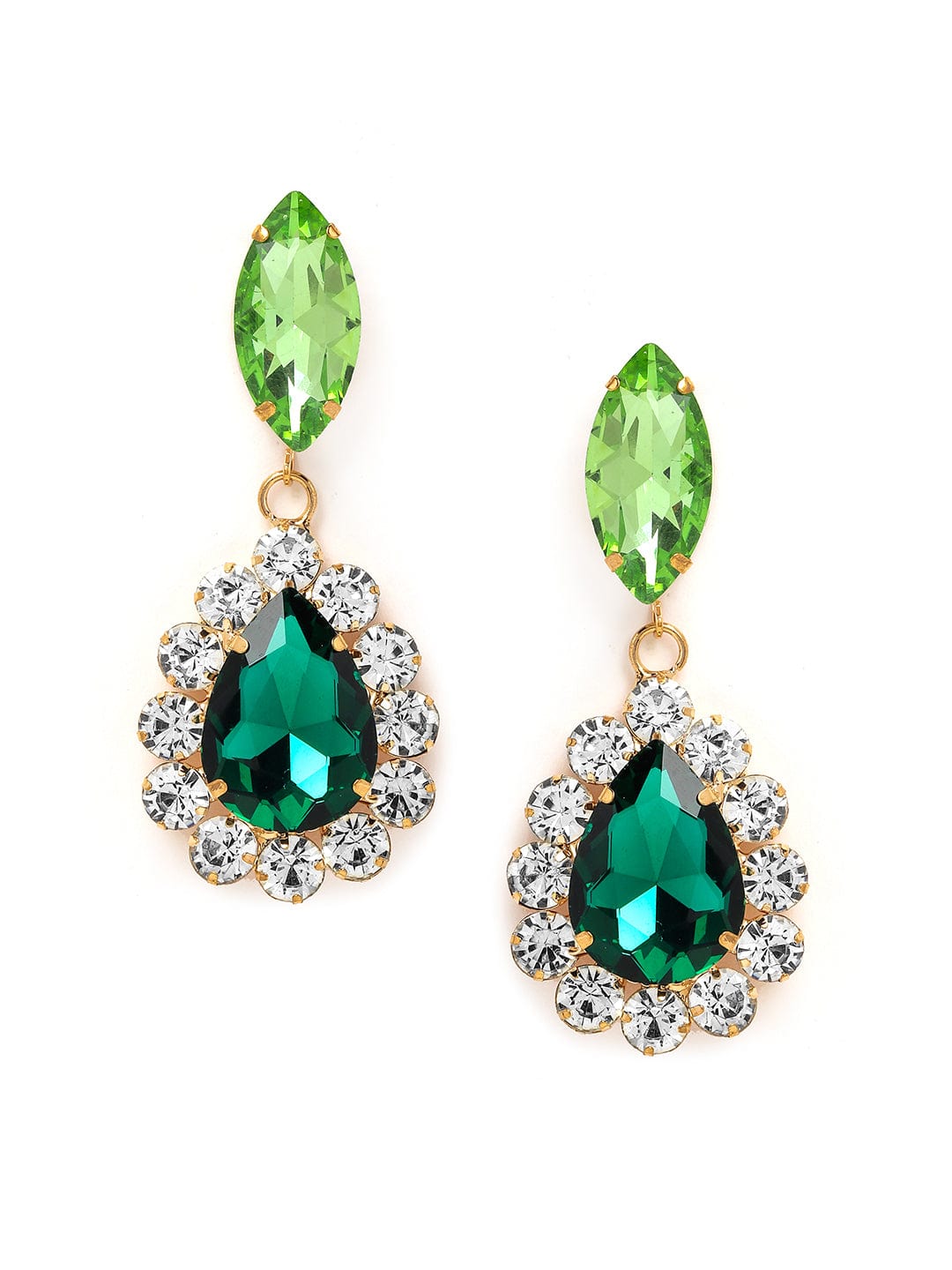 18K Gold Plated Dark Green & Light Green Zirconia Studded Earrings with Clear Accents Drop Earring