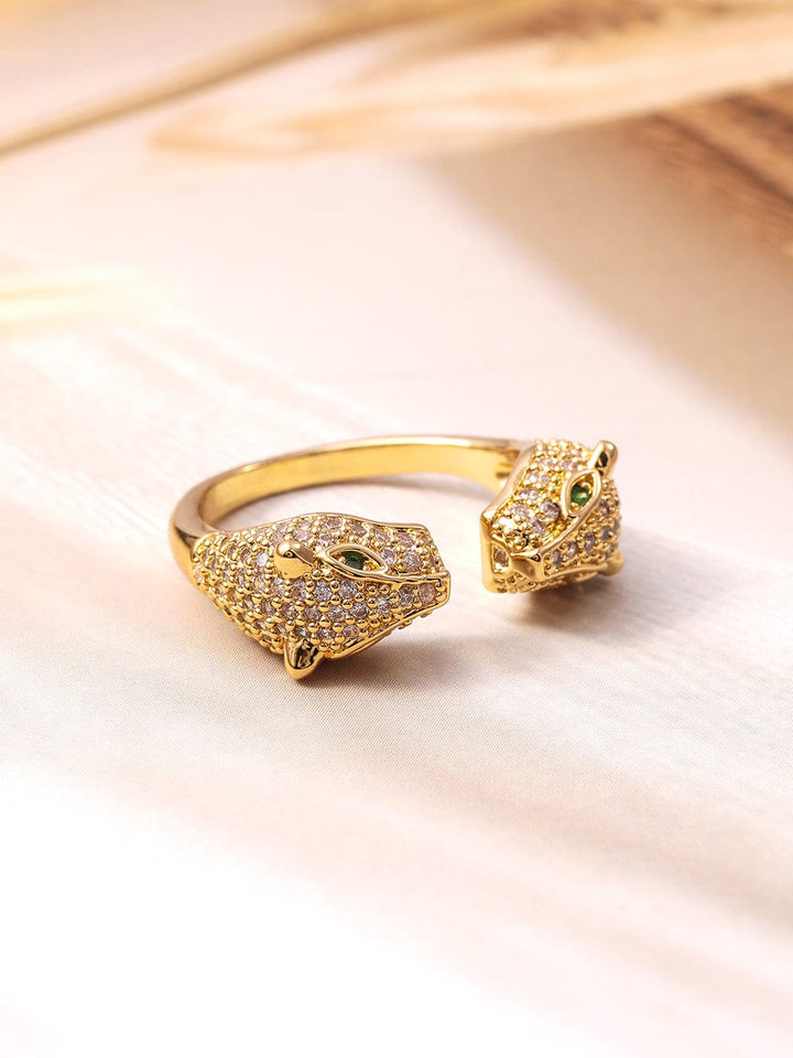 18K Gold Plated Emerald & Cubic Zirconia Studded Panther Motif Adjustable Finger Ring Ring