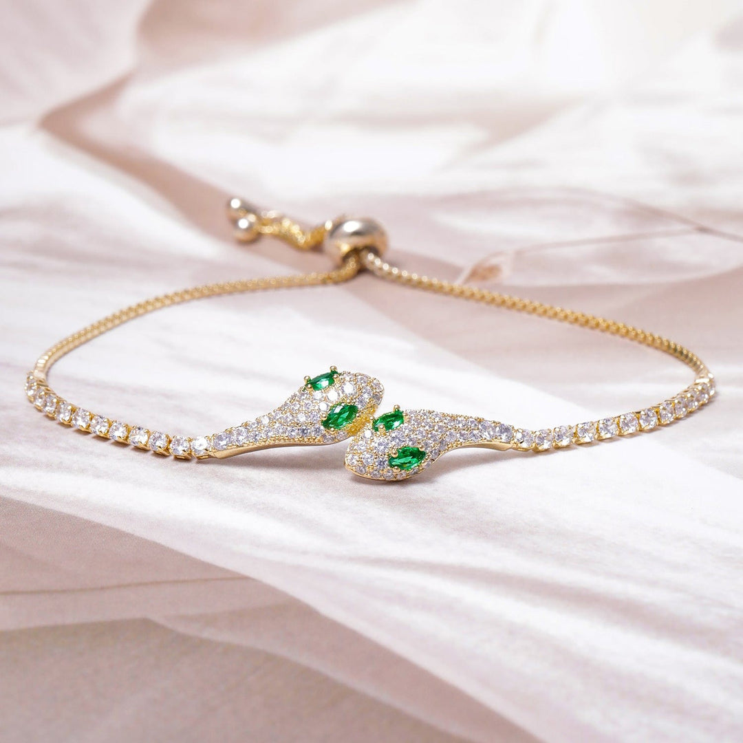 18K Gold Plated Emerald & Cubic Zirconia Studded Snake Design Bracelet Bracelet