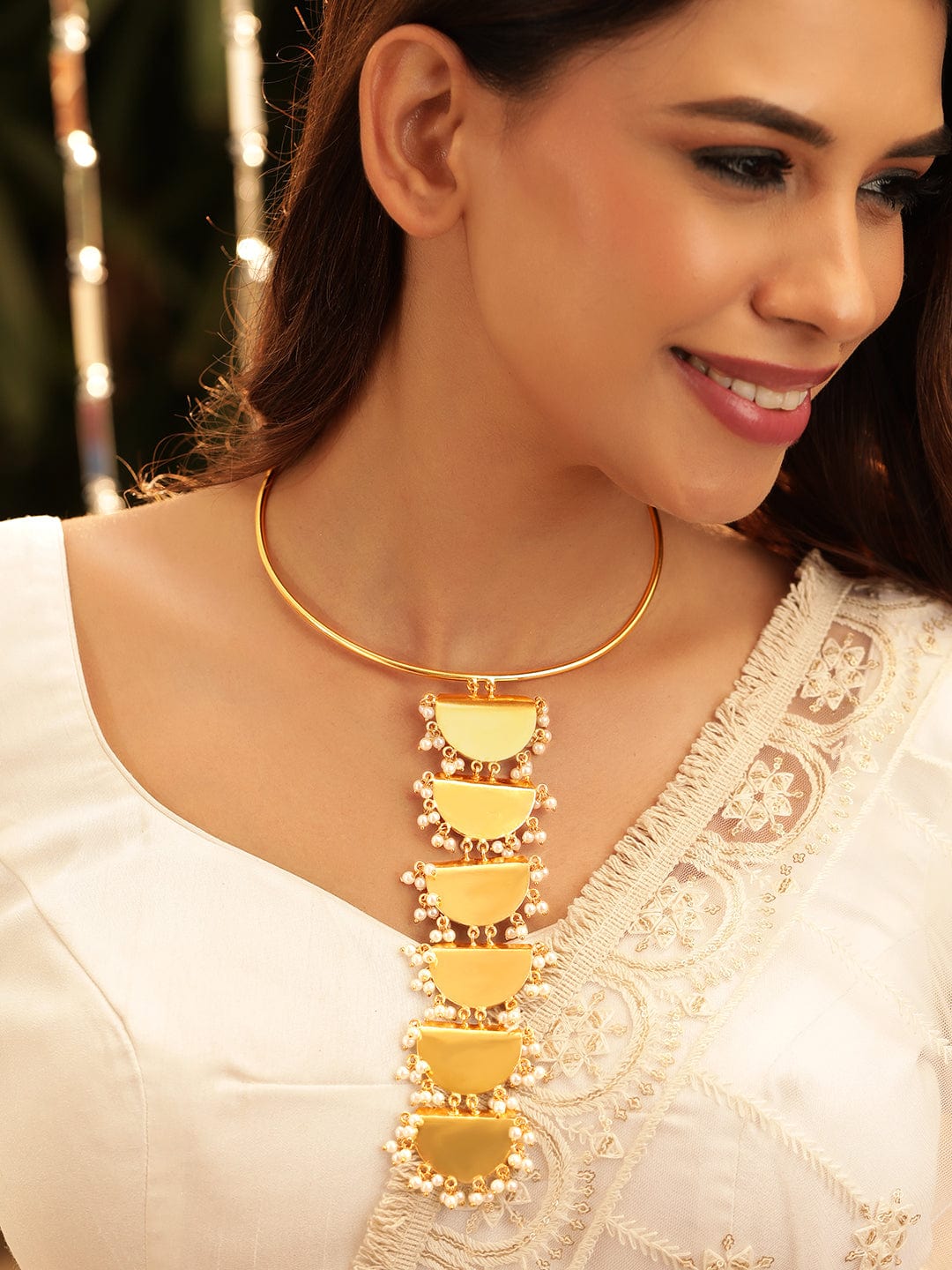 Copy of Rubans 18K Gold plated pearl bedded crystal studded minimal necklace set Necklace