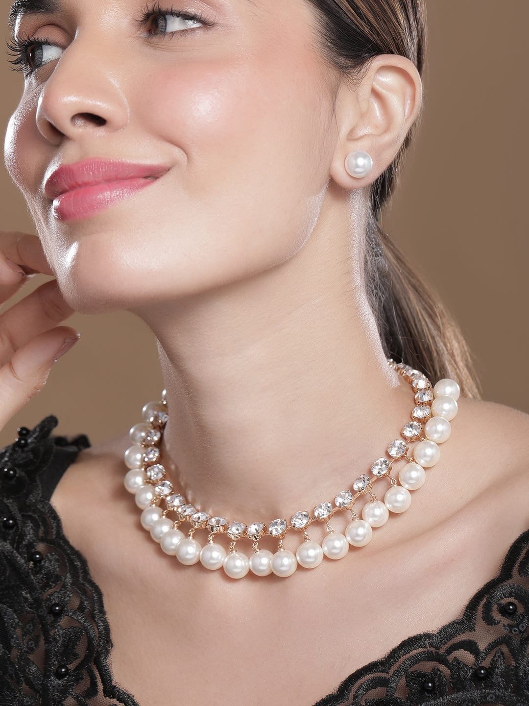 18K Gold Plated Luxurious Pearl & Zirconia Studded Statement Necklace Set Necklace Set