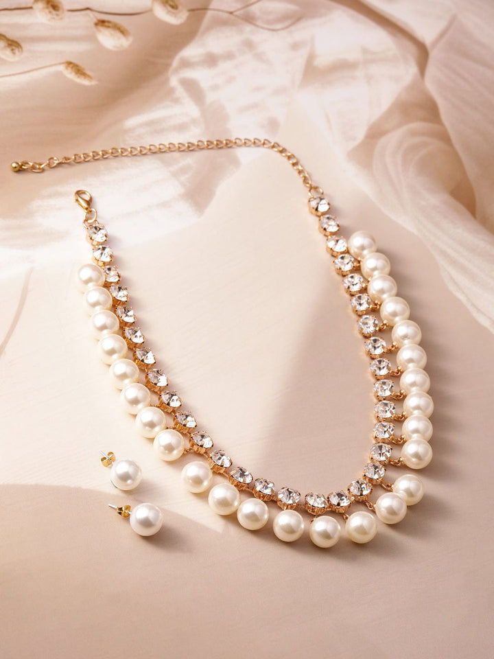 18K Gold Plated Luxurious Pearl & Zirconia Studded Statement Necklace Set Necklace Set