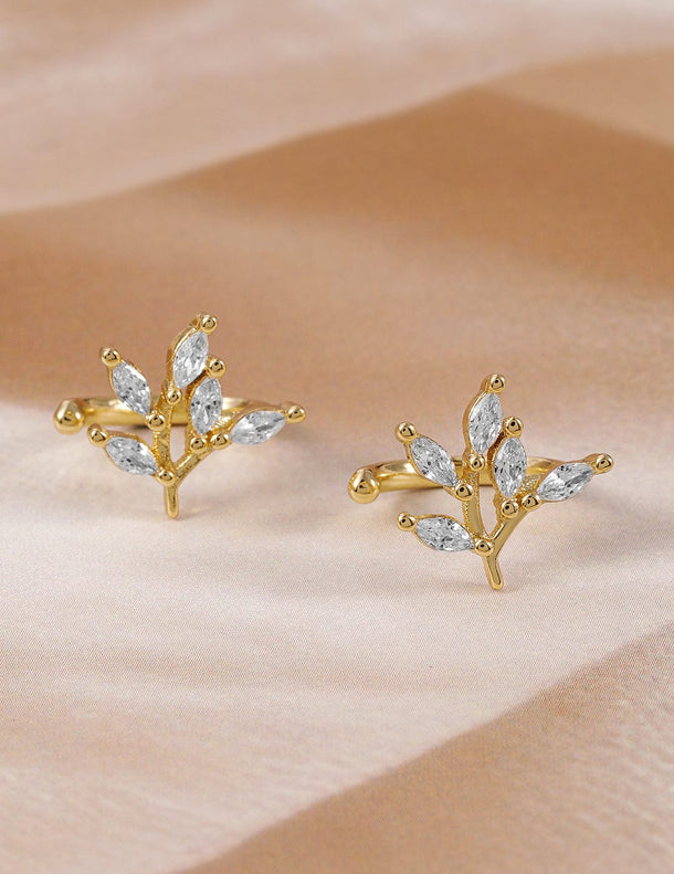 18K Gold-Plated Marquise-Cut Cubic Zirconia Studded Leaf Design Stud Earrings Ear Cuff