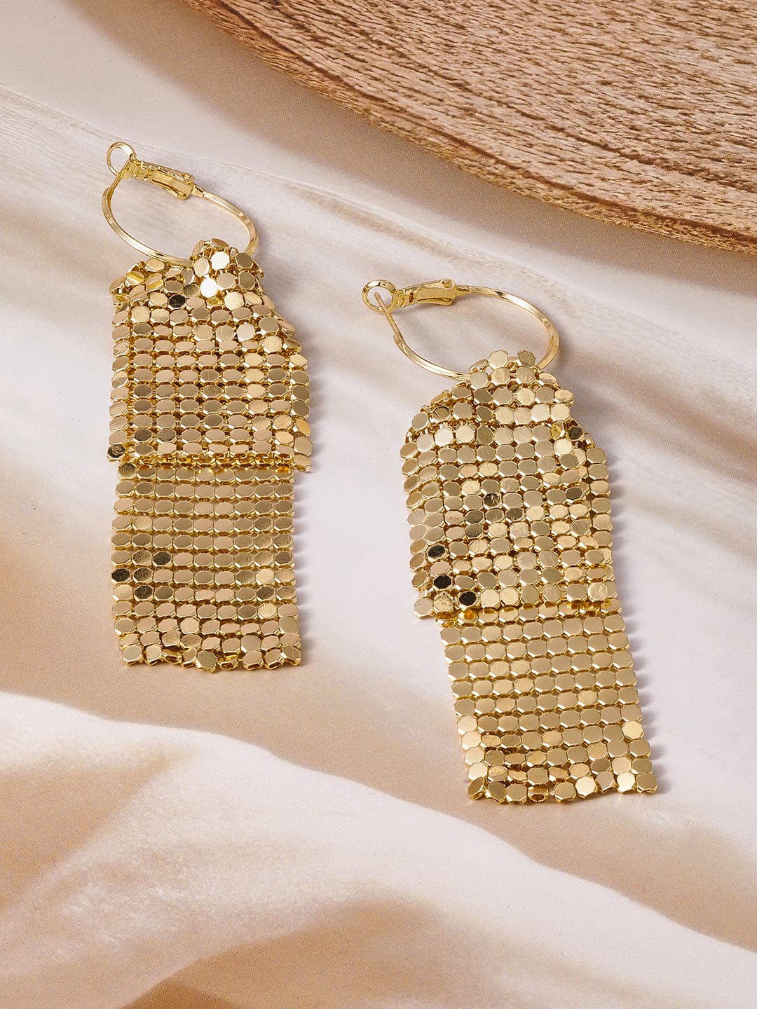 18K Gold Plated Mesh Dangle Earrings with Hoop Closure - Retro Disco-Inspired Design Drop Earrings