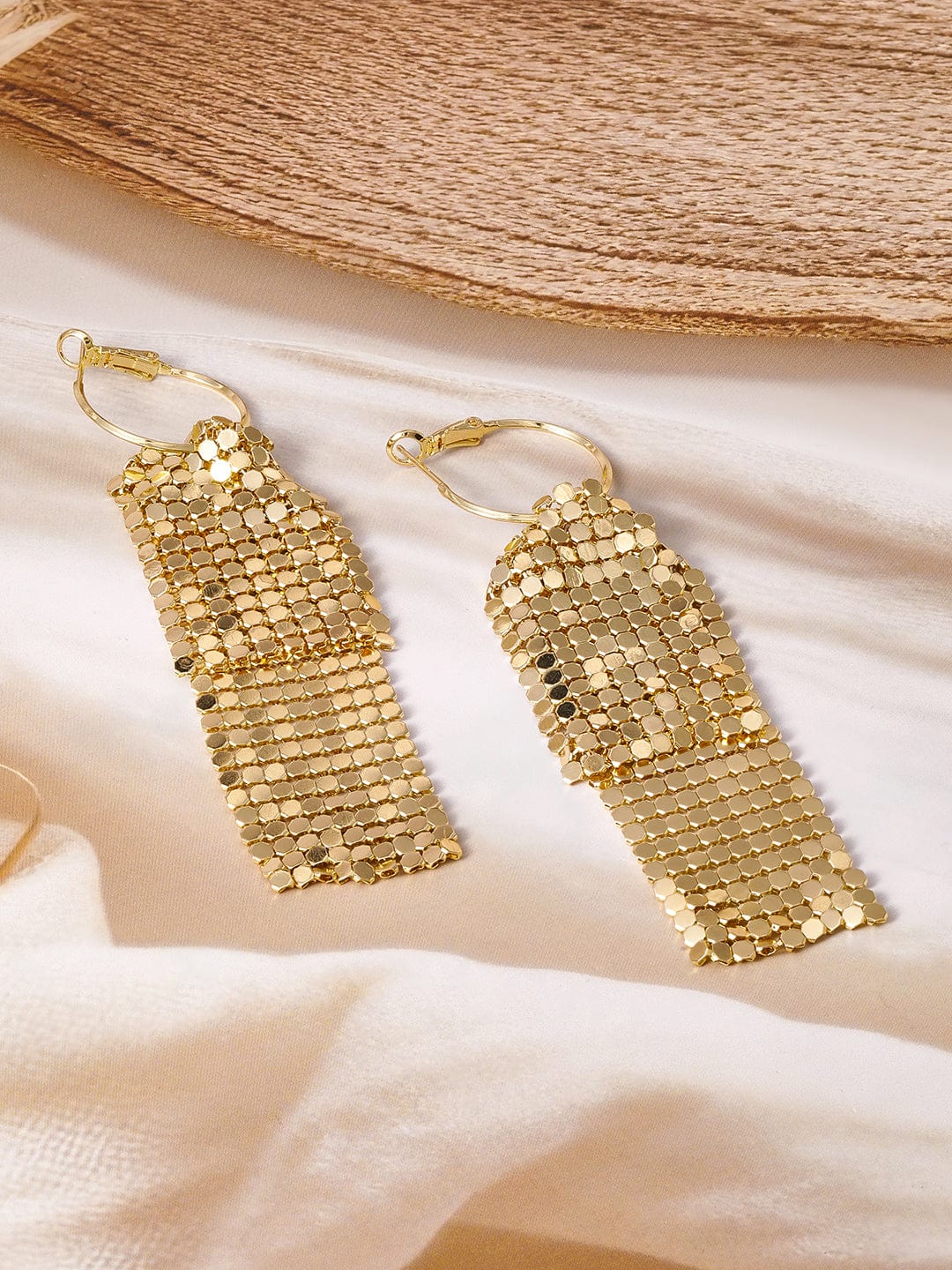 18K Gold Plated Mesh Dangle Earrings with Hoop Closure - Retro Disco-Inspired Design Drop Earrings