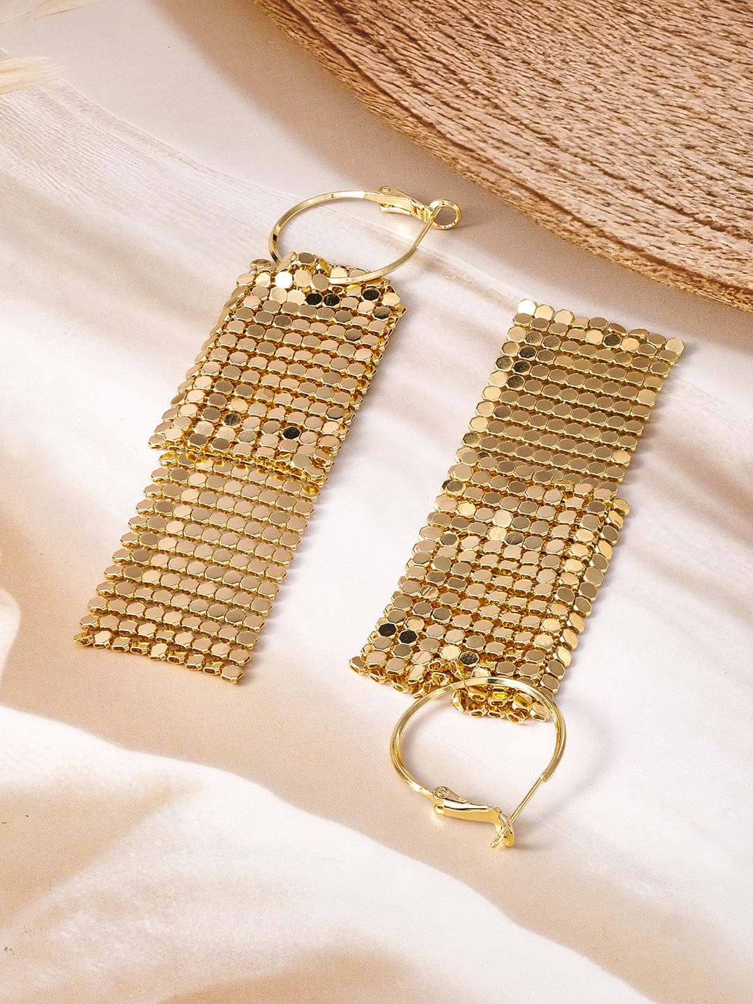 18K Gold Plated Mesh Dangle Earrings with Hoop Closure - Retro Disco-Inspired Design Drop Earrings