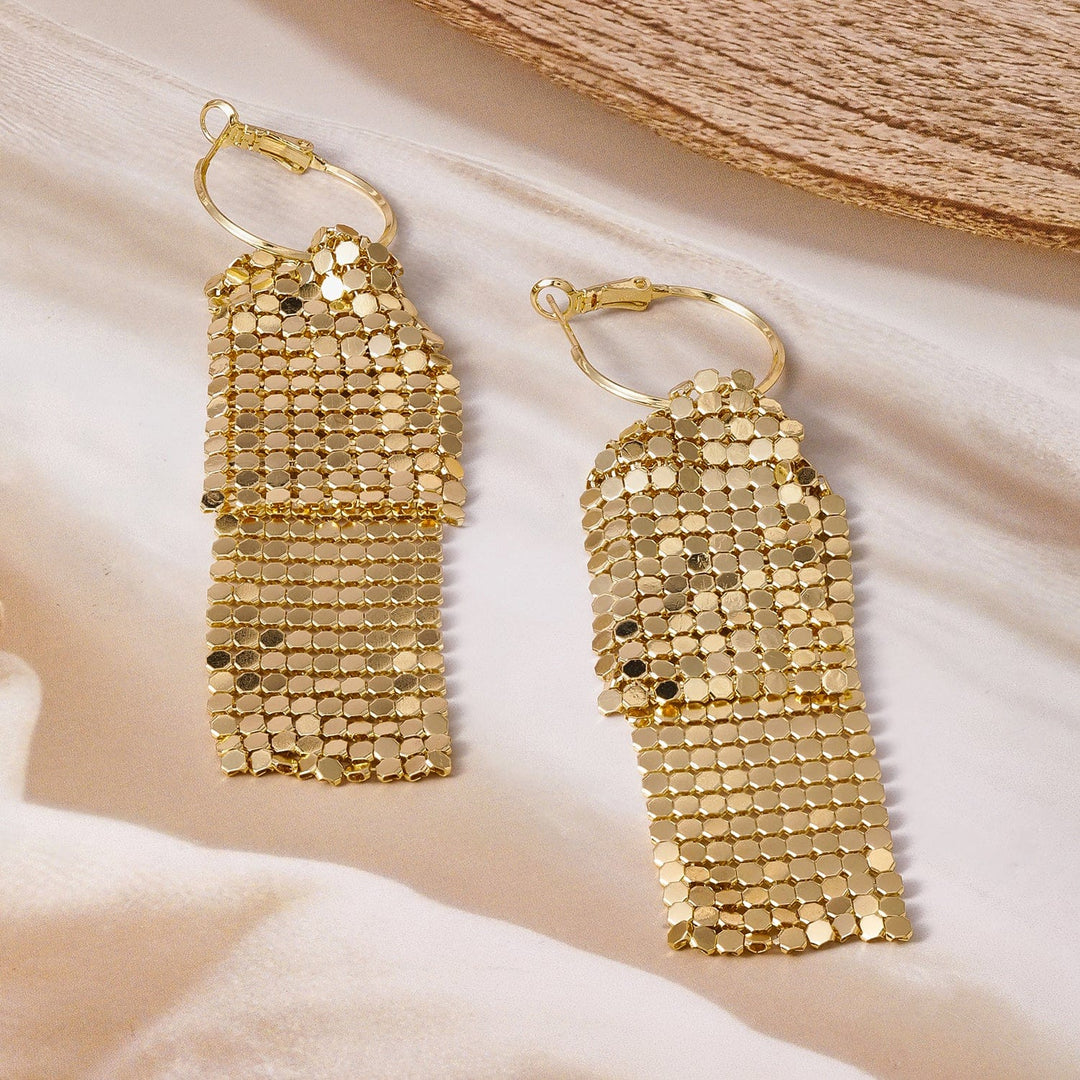 18K Gold Plated Mesh Dangle Earrings with Hoop Closure - Retro Disco-Inspired Design Drop Earrings