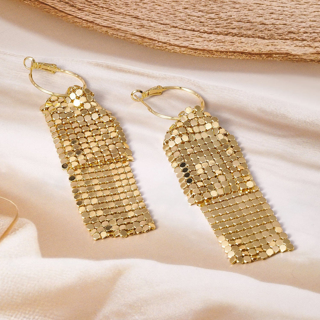 18K Gold Plated Mesh Dangle Earrings with Hoop Closure - Retro Disco-Inspired Design Drop Earrings