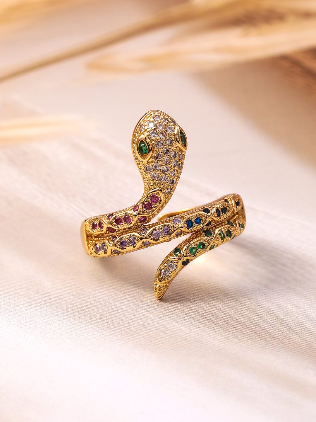 18K Gold Plated Multi-Stone & Cubic Zirconia Studded Snake Motif Adjustable Finger Ring Ring